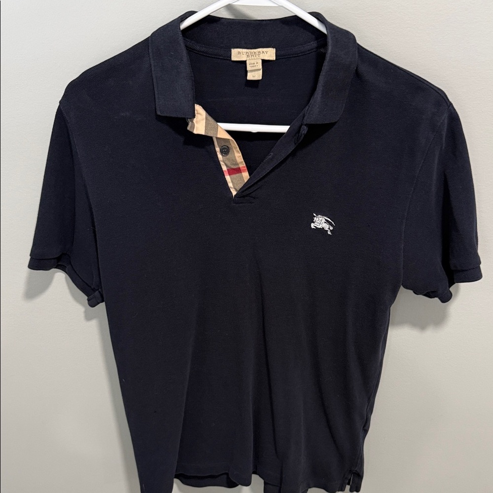 Burberry Men's Navy Polo Shirt with Check Detail